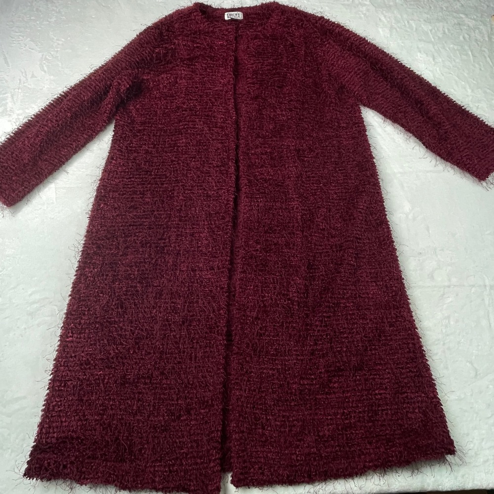 Chicos Design Burgundy Eyelash Fuzzy Longline Duster Cardigan Sweater Size 3